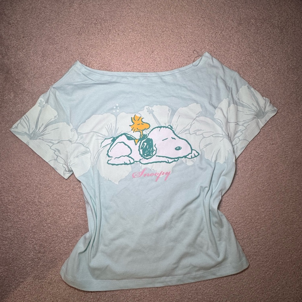 Peanuts Mint Green Off the Shoulder Oversized Tropical Cover Up Casual Shirt